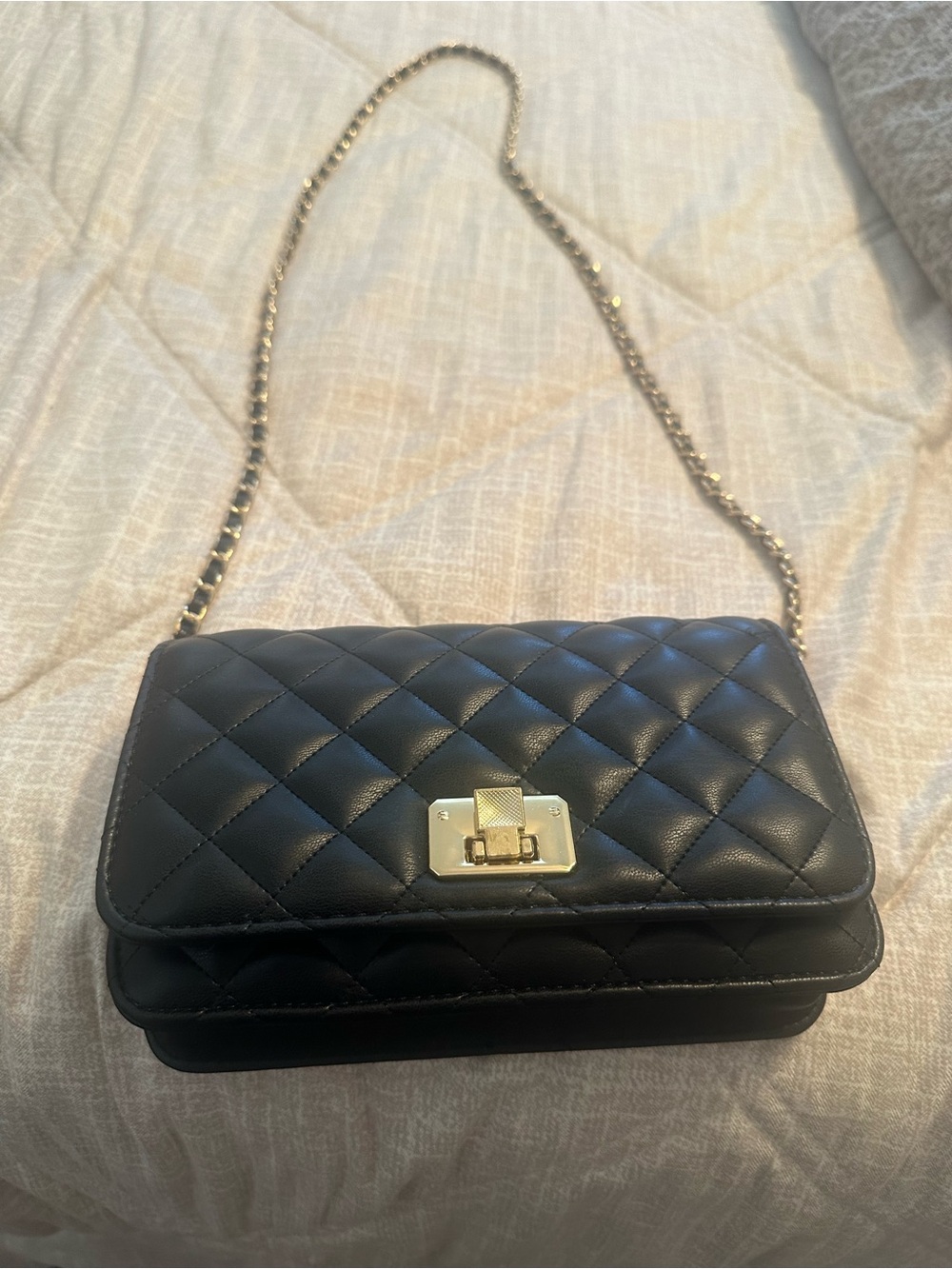 Black Haksim  Quilted Crossbody Bag with Gold-Tone Chain Strap
